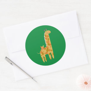 Pegatina Redonda Adorable Giraffe Bird & Flowers Naranja Gold Green