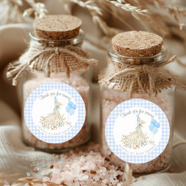 Pegatina Redonda Adorable Goose Boy Baby Shower Blue Gingham