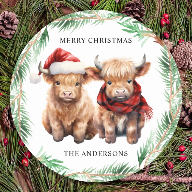 Pegatina Redonda Adorable Highland Cow Calf Farm Feliz Navidad (Subido por el creador)