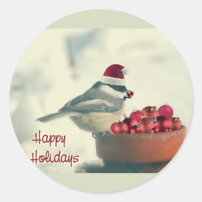 Pegatina Redonda Adorable Holiday Chickadee (Anverso)