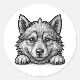Pegatina Redonda Adorable Husky Puppy Wood Engraving Style