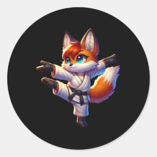 Pegatina Redonda Adorable Karate Fox Crane Kick Pose