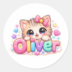 Pegatina Redonda Adorable Kawaii Oliver Nombre de gato Rosa Pastel