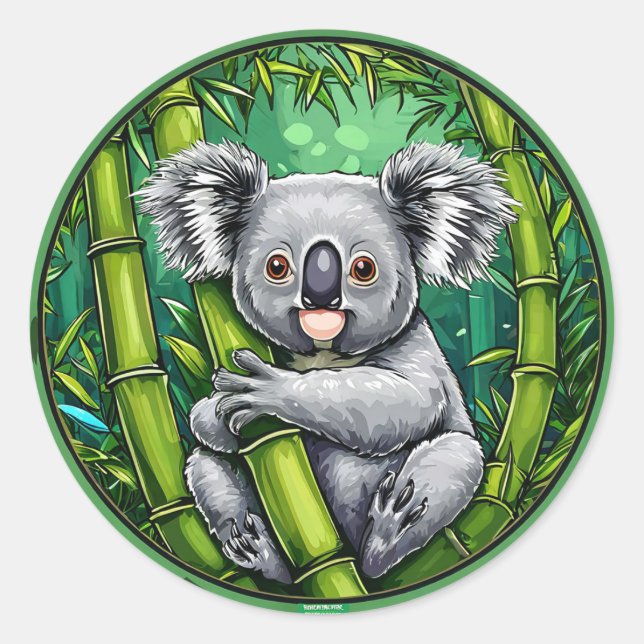 Pegatina Redonda Adorable Koala Abrazando a Bamboo Stalk (Anverso)