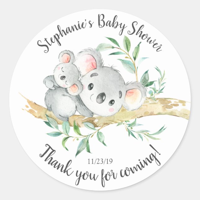 Pegatina Redonda Adorable Koala Bear Baby Shower Favor (Anverso)