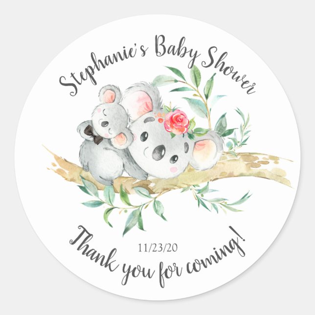 Pegatina Redonda Adorable Koala Bear Boys Baby Shower Favor (Anverso)