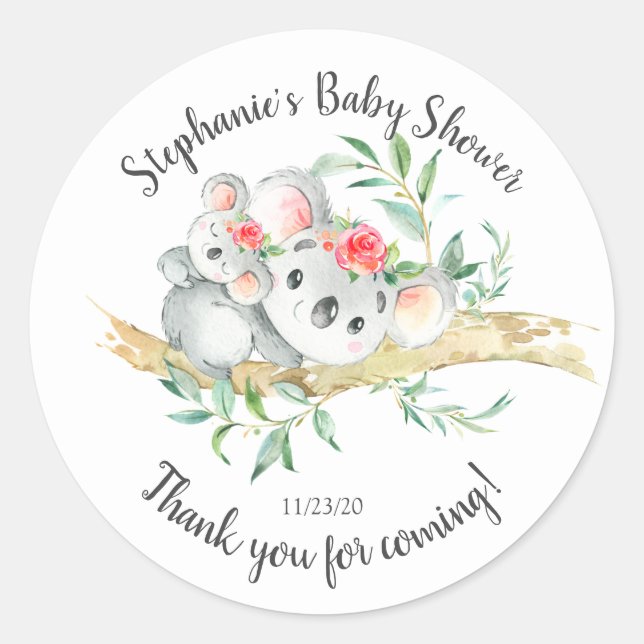 Pegatina Redonda Adorable Koala Bear Chicas Baby Shower Favor (Anverso)