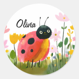 Pegatina Redonda Adorable Ladybug Girl's Name Wildflowers