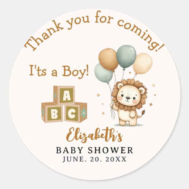Pegatina Redonda Adorable Lion Baby Shower Boy (Anverso)