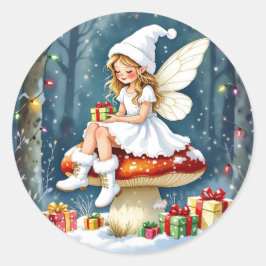 Pegatina Redonda Adorable Little Christmas Fairy on Mushroom
