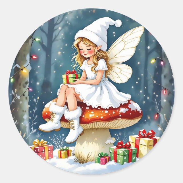 Pegatina Redonda Adorable Little Christmas Fairy on Mushroom (Anverso)