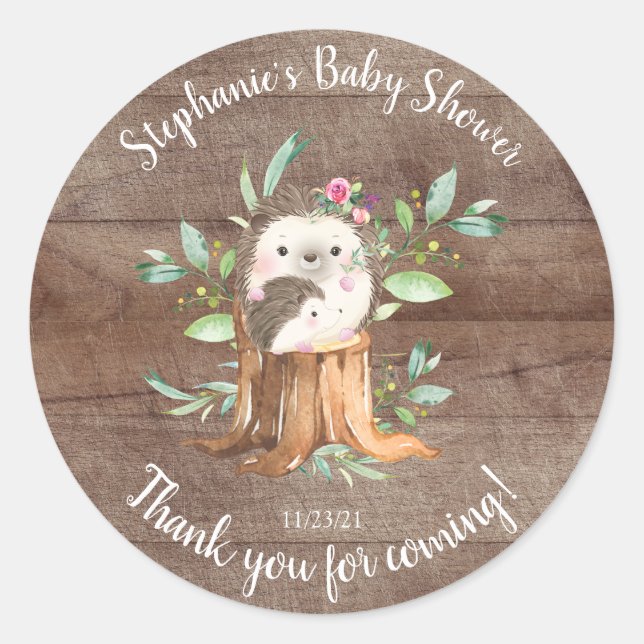 Pegatina Redonda Adorable Mamá y Baby Hedgehog Baby Shower Favor (Anverso)