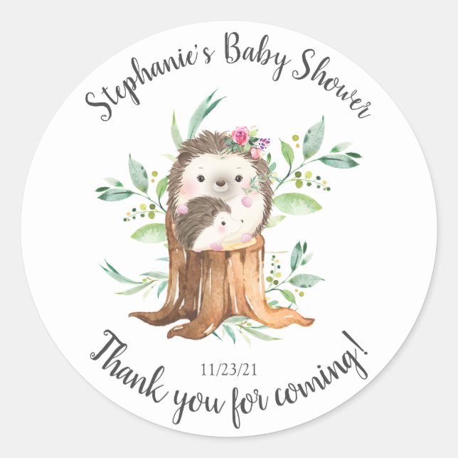Pegatina Redonda Adorable Mamá y Baby Hedgehog Baby Shower Favor (Anverso)