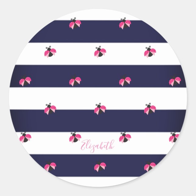 Pegatina Redonda Adorable mariquita rayada, personalizada (Anverso)