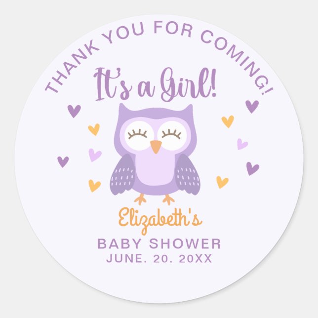 Pegatina Redonda Adorable Owl Baby Shower Girl (Anverso)