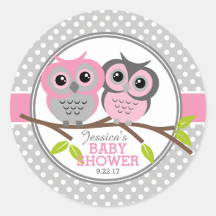 Pegatina Redonda Adorable Owls Baby Shower