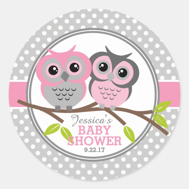 Pegatina Redonda Adorable Owls Baby Shower (Anverso)