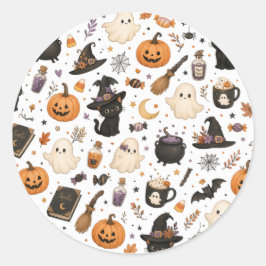 Pegatina Redonda Adorable patrón de acuarela de Halloween con gatos