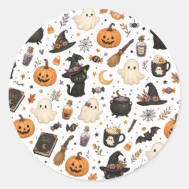 Pegatina Redonda Adorable patrón de acuarela de Halloween con gatos