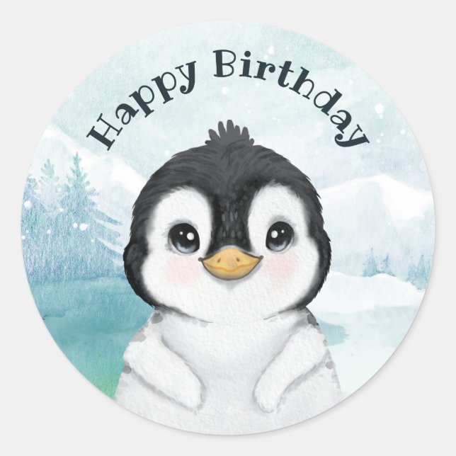 Pegatina Redonda Adorable Penguin Winscape Happy Birday  (Anverso)