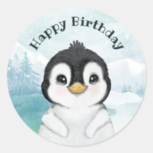 Pegatina Redonda Adorable Penguin Winscape Happy Birday 
