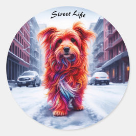 Pegatina Redonda Adorable perro callejero en helado paisaje de invi