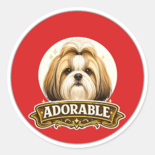 Pegatina Redonda Adorable perro Shih Tzu Insignia Vintage
