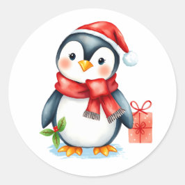 Pegatina Redonda Adorable Pingüino de Navidad Festivo