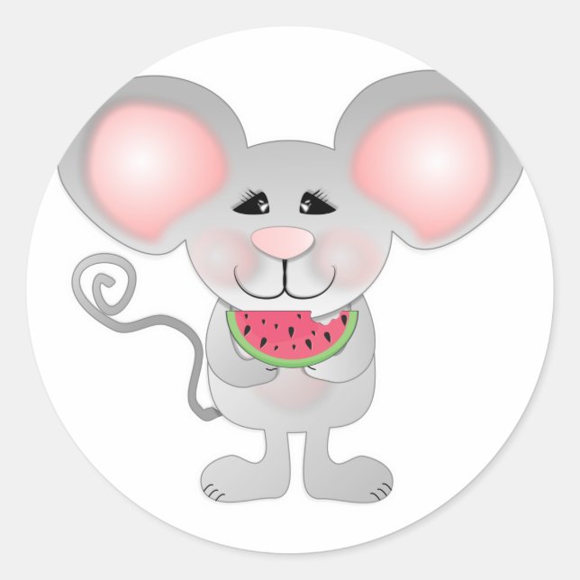 Pegatina Redonda adorable ratón gris sosteniendo sandía (Anverso)