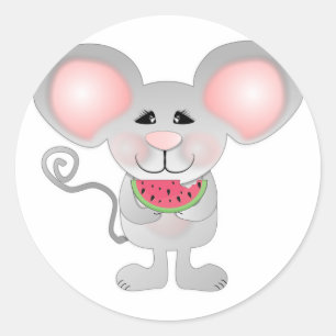Pegatina Redonda adorable ratón gris sosteniendo sandía