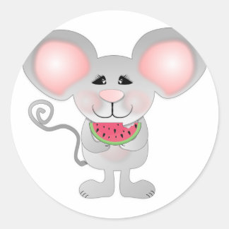 Pegatina Redonda adorable ratón gris sosteniendo sandía