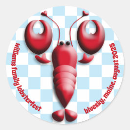 Pegatina Redonda Adorable Red Lobster Corazón Pincers Blue Checkere
