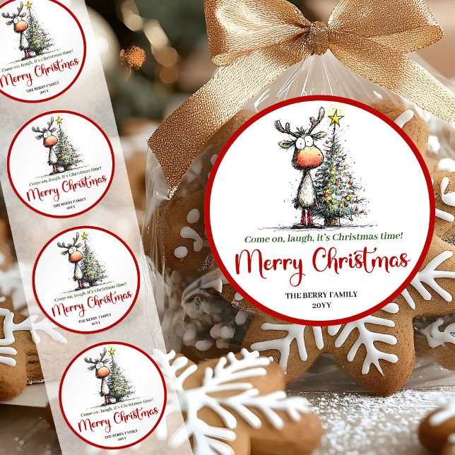 Pegatina Redonda Adorable reno divertido y caprichoso sticker de Na (Charming reindeer funny whimsical Xmas sticker)