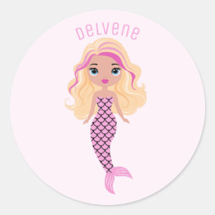 Pegatina Redonda Adorable Sirena Rosa