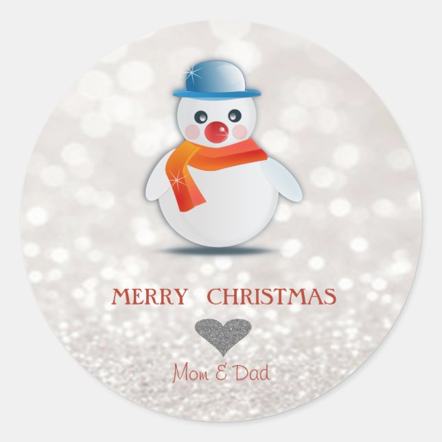 Pegatina Redonda Adorable Snowman, Bokeh Purpurinoso (Anverso)