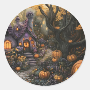 Pegatina Redonda Adorable Spooky House y parche de calabaza de Hall