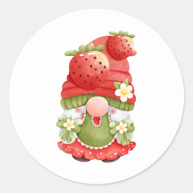 Pegatina Redonda Adorable Strawberry Garden Gnome (Anverso)