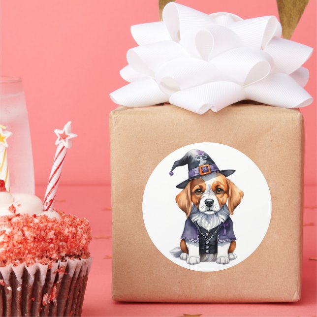 Pegatina Redonda Adorable temporada espeluznante de Beagle Puppy Ha (Fiesta)