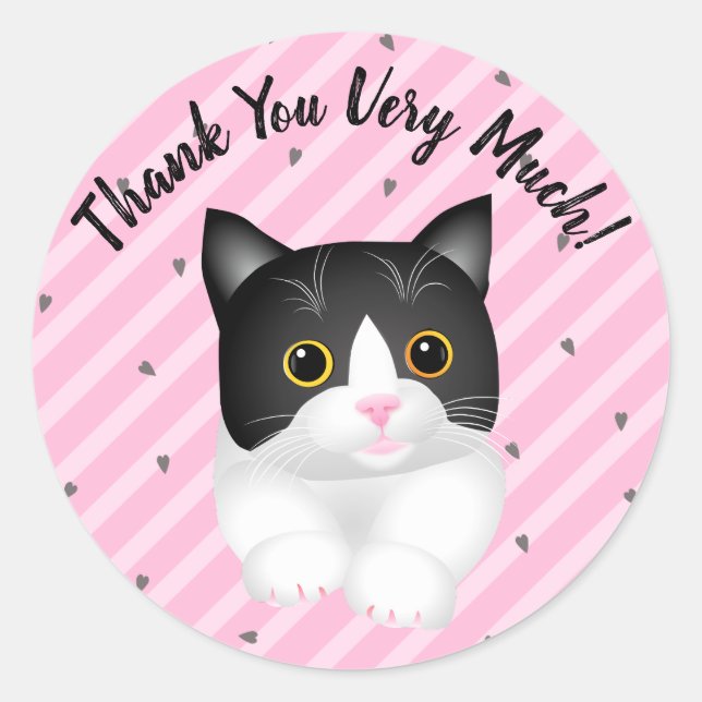 Pegatina Redonda Adorable Tuxedo Kitten Gracias (Anverso)