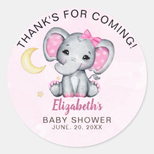 Pegatina Redonda Adorable Watercolor Elephant Baby Shower Girl