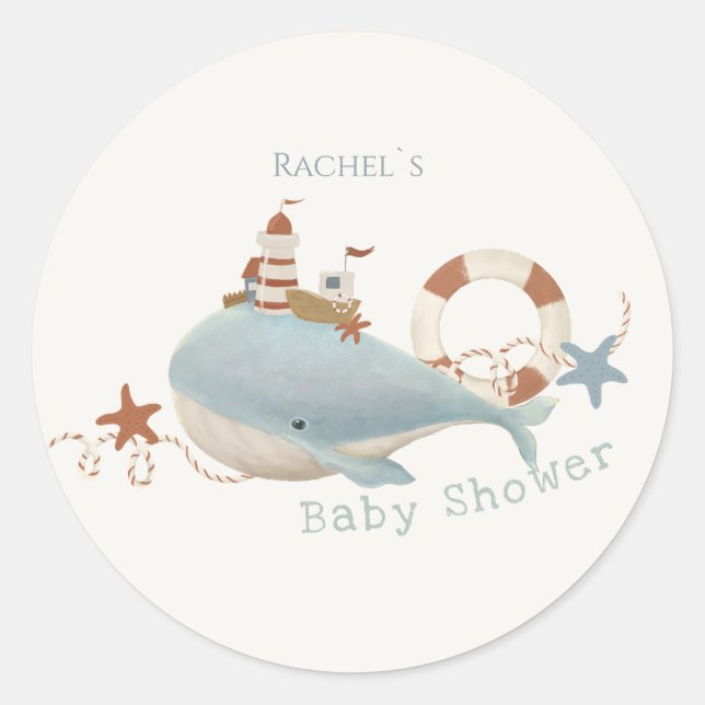 Pegatina Redonda Adorable Whale Baby Shower (Anverso)