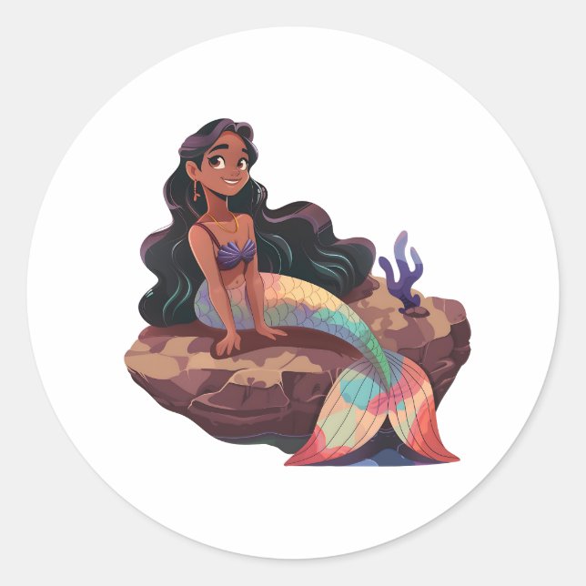 Pegatina Redonda Adorable Y Elegante Sirenita (Anverso)