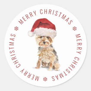 Pegatina Redonda Adorable Yorkshire Terrier Feliz Navidad