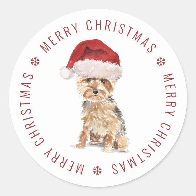 Pegatina Redonda Adorable Yorkshire Terrier Feliz Navidad (Anverso)