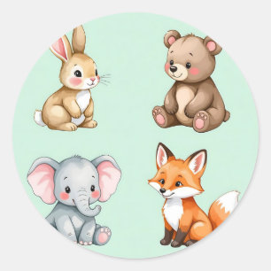 Pegatina Redonda Adorables Animales Bebés del Bosque Acuarela Paste