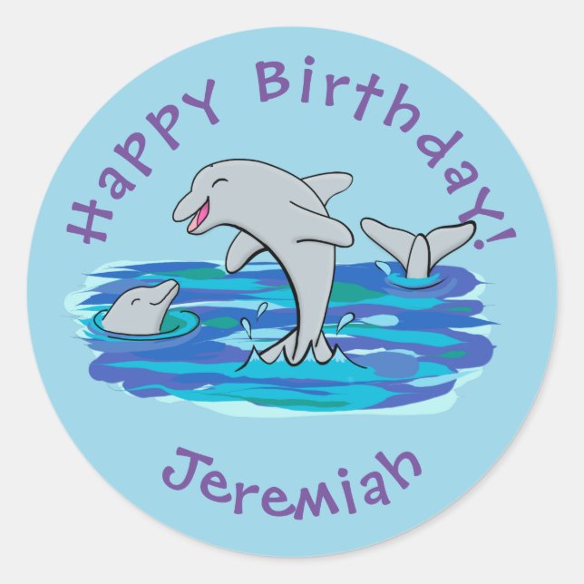 Pegatina Redonda Adorables delfines felices ilustracion personaliza (Anverso)
