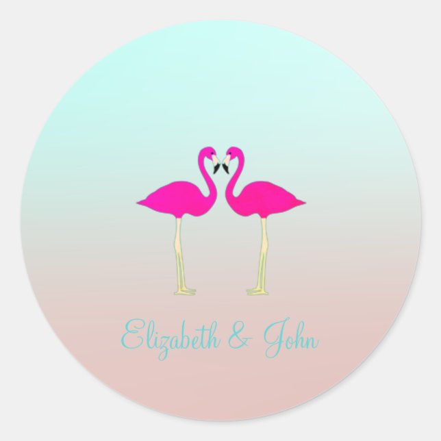 Pegatina Redonda Adorables Flamencos Rosa En Personalizados Con Amo (Anverso)
