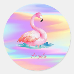 Pegatina Redonda Adorables Flamingos Rosados Cute Holográficos