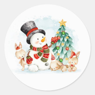 Pegatina Redonda Adorables Navidades Snowman Bunnies And Tree   