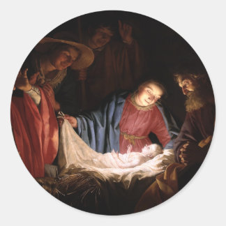 Pegatina Redonda Adoración de los pastores por Honthorst